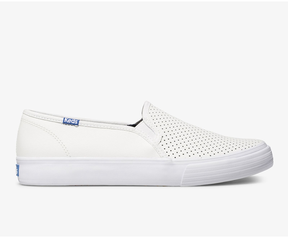 Womens Keds Slip Ons - Double Decker Perf Leather - White - 8507-SOEVD